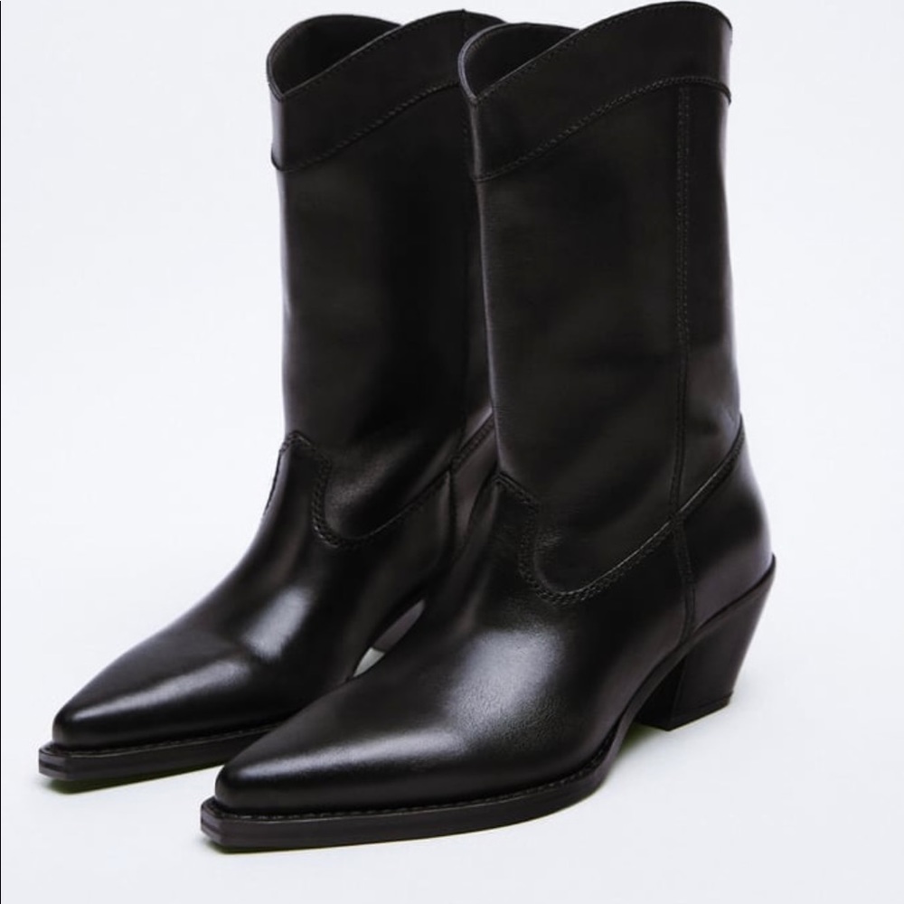 ZARA Cowboy Leather Heeled Ankle Boots